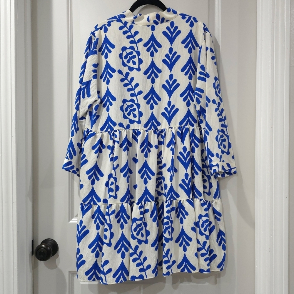 ZARA Cobalt Blue Botanical Print Long Sleeve V-Neck Tiered Babydoll Mini Dress - Picture 12 of 15